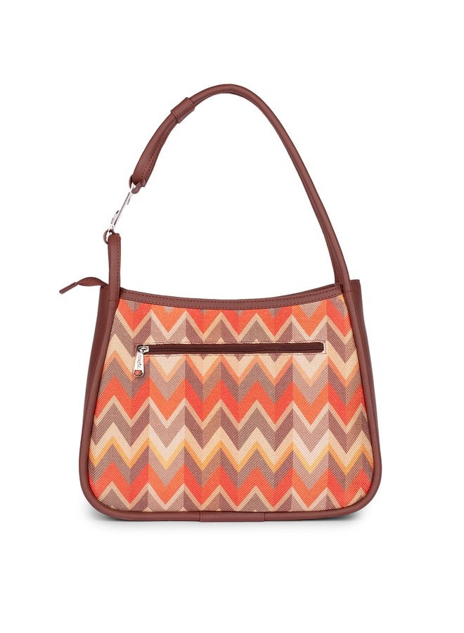 ZOUK Tidal Wave Printed Jute Handcrafted Vegan Leather Orange Women's Sleek Shoulder Bag |Hobo Bag| - Image 5